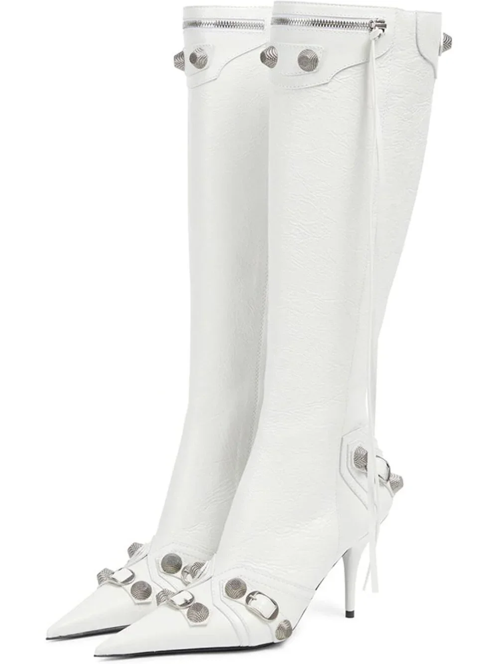 Women's White Faux Leather Zipper Trendy Sexy Pointed Toe Knee High Boots